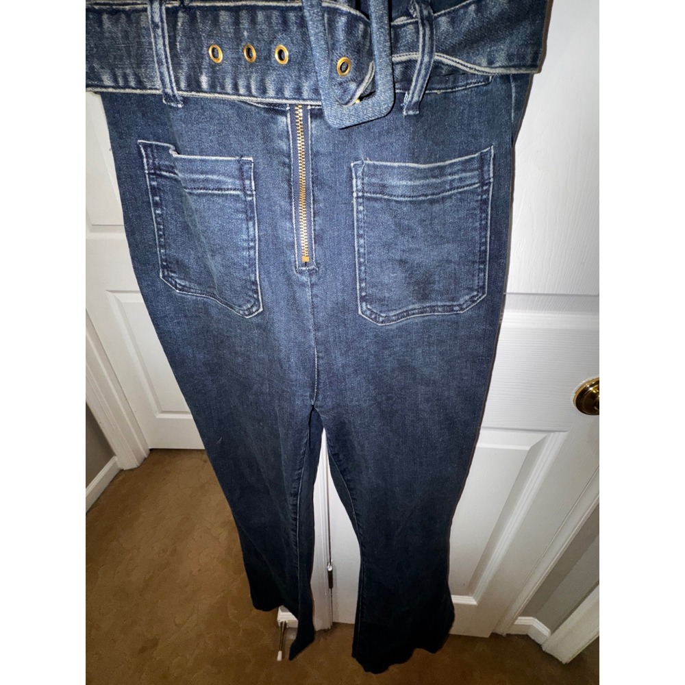 Show Me Your Mumu Womens Denim Jumpsuit Dark Wash Flare Leg Belted XL Sleeveless - Picture 8 of 9